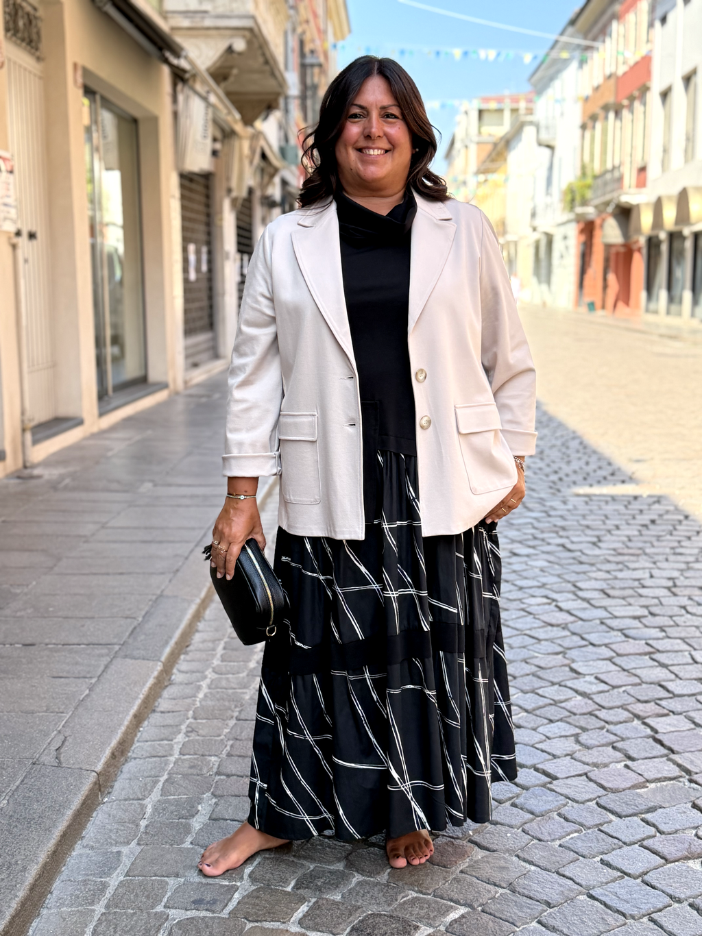ABITO RIGHE - Abito in punto Milano e cotone con collo a cratere